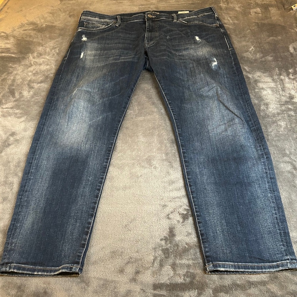 Mavi Jake Slim Leg Jeans Mens 38x28 Dark Wash Blue Distressed Stretch Denim - Picture 2 of 12